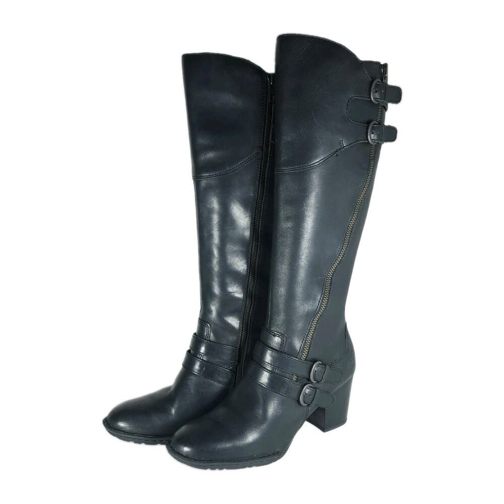 Born Milari Women's US9,5 Black Leather Side Zip Heels Knee High Riding Boots